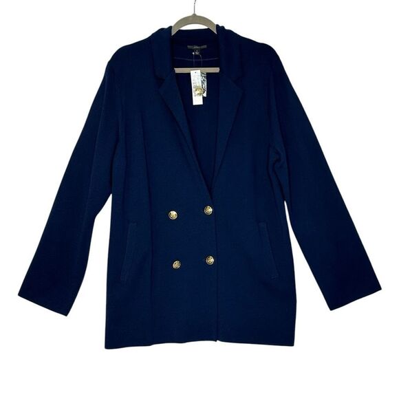 J Crew Navy Blue Double Breasted Gold Button Sweater Blazer | L - Picture 8 of 11